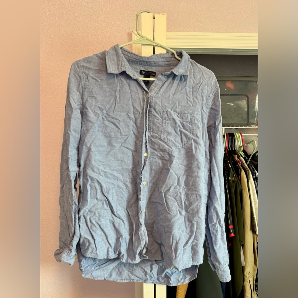 Gap Boyfriend Fit Blue Oxford Shirt Women’s Large Chambray Button Front Cotton